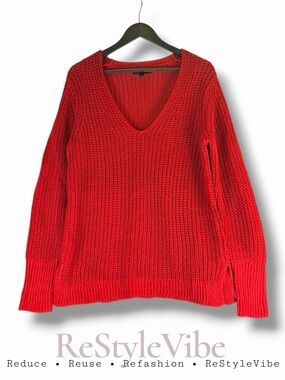 BANANA REPUBLIC Women’s Size XL Sweater 100% Italian Linen Knit V-Neck Red